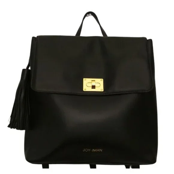 JOY & IMAN TASSEL CHIC RFID BLACK LEATHER BACKPACK - Picture 1 of 7